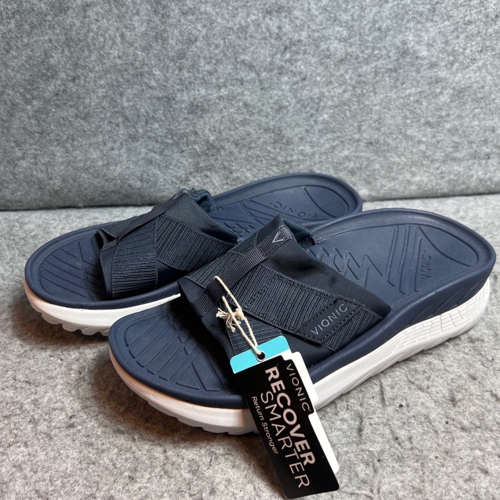 Vionic Rejuvenate Recovery Sandals Navy  VioMotion Orthotic Slides Womens Size 8